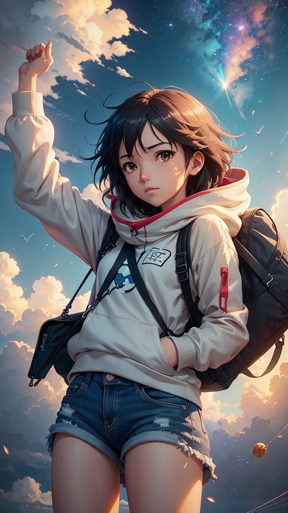 Anime girl flying in the sky with a kite above her, makoto shinkai cyril rolando, Anime Cloud, Makoto Shinkai!, Makoto Shinkai!!, Makoto Shinkai. —h 2160, ( ( Makoto Shinkai ) ), Space Sky. by Makoto Shinkai, Beautiful anime scene, style of Makoto Shinkai