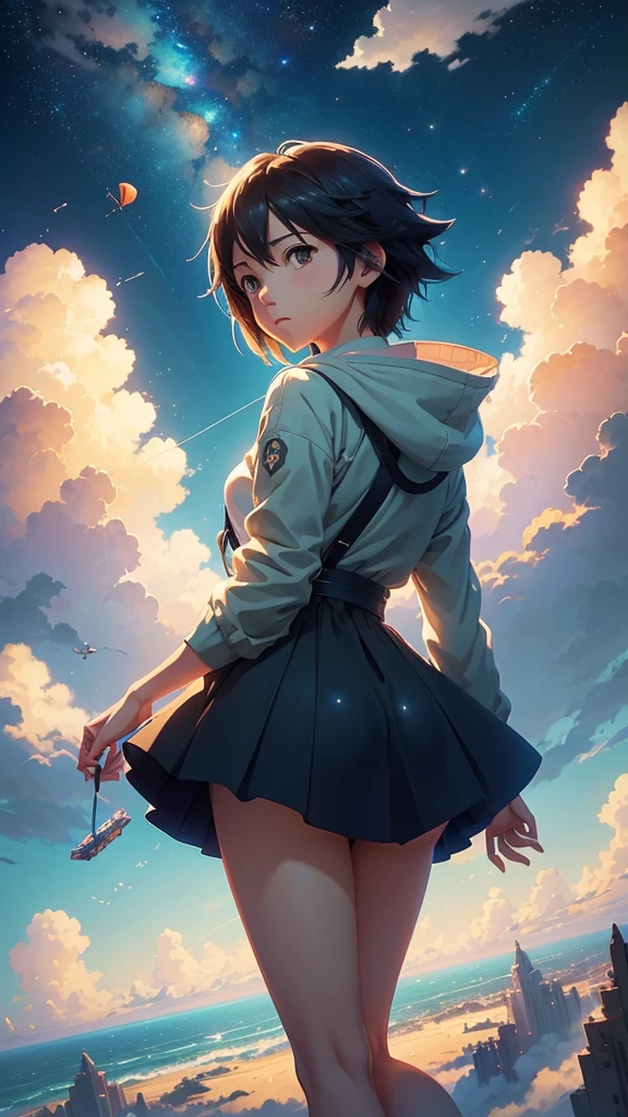 Anime girl flying in the sky with a kite above her, makoto shinkai cyril rolando, Anime Cloud, Makoto Shinkai!, Makoto Shinkai!!, Makoto Shinkai. —h 2160, ( ( Makoto Shinkai ) ), Space Sky. by Makoto Shinkai, Beautiful anime scene, style of Makoto Shinkai