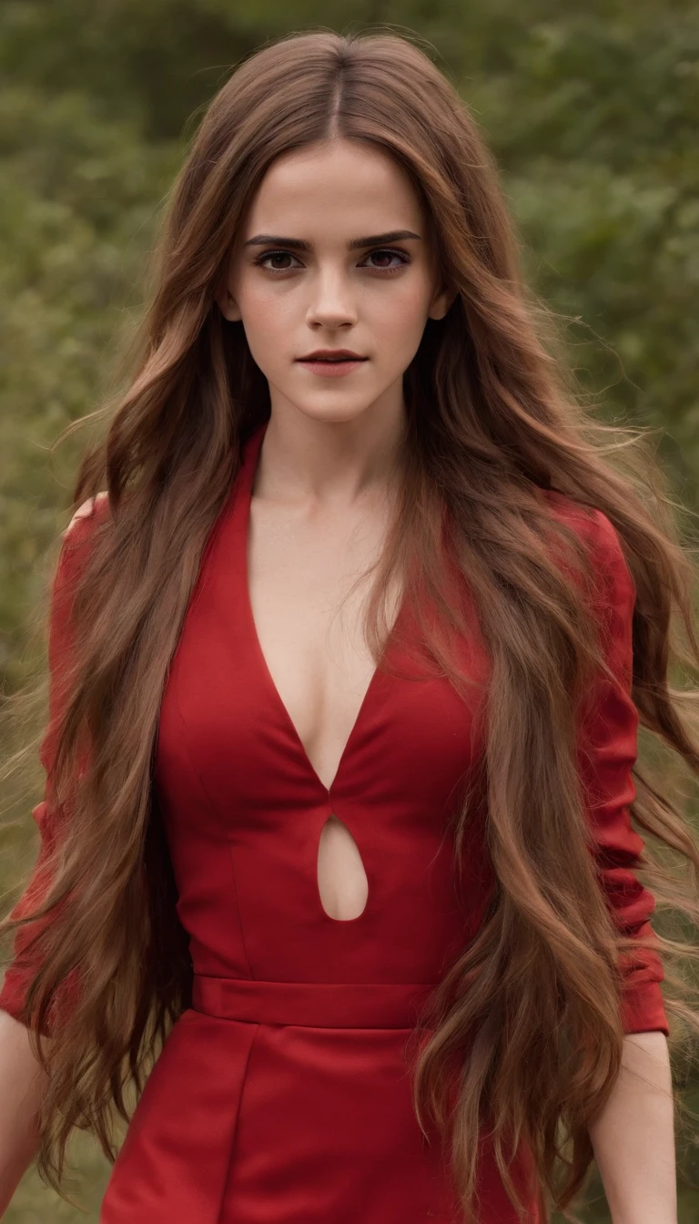 (Emma Watson), no bra, pokies, (Sexy Red Slit Dress) fluffy, low cut neckline, seductive, cowboy shot, 8k, (very thin waist:1.3), bare breasts, big breasts:1.5, (Long Hair:2.0), wave, soft skin, long hair in the wind, Lake