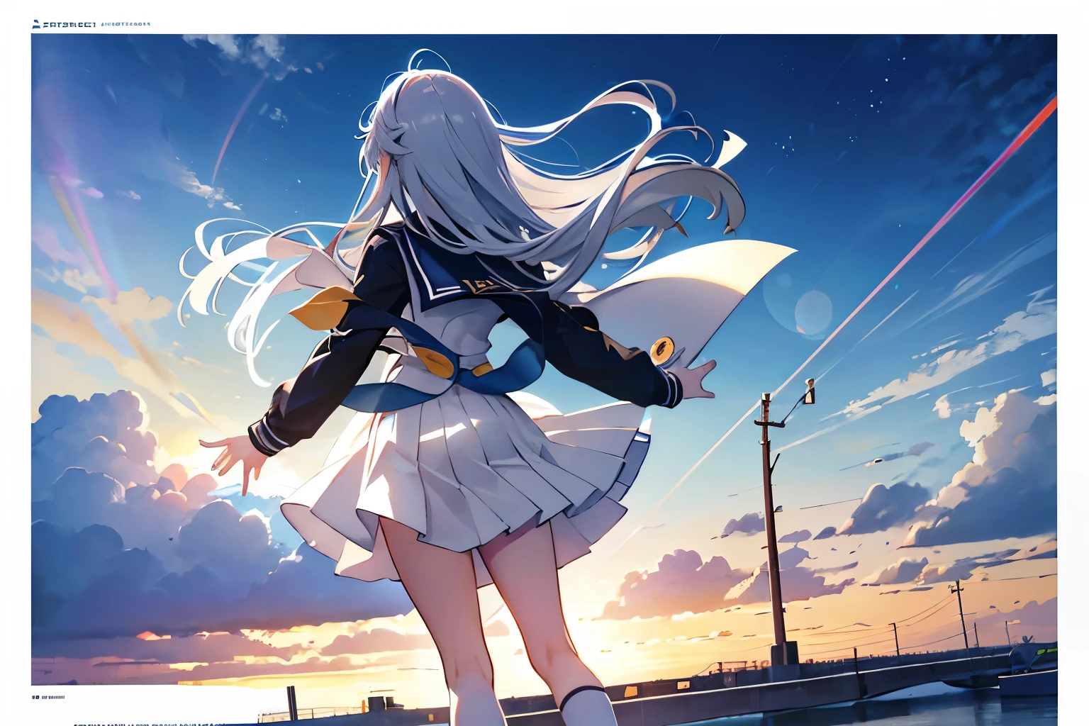 A high school girl with long hair and a sailor suit holding a Telecaster, Highlight color hairstyle, Asymmetrical bangs, tears, happiness/joy, Feet out of frame, Illustration effect for posters and magazines, Aperture value F1.8, Fujifilm, Background blur, Lens flare, Illustration, Gray Hair, Back view, From the knee up