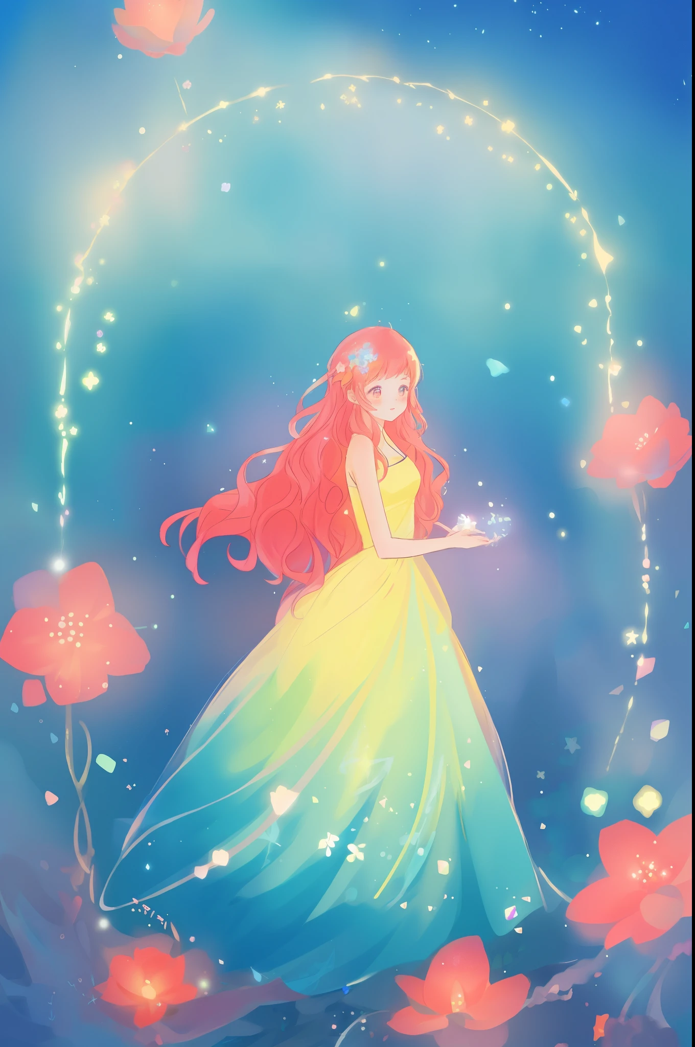 beautiful anime girl in flowing layered ballgown, vibrant pastel colors, (colorful), magical lights, magical flowers, flowers, glowing lights, red pink long wavy hair, sparkling lines of light, inspired by Glen Keane, inspired by Lois van Baarle, disney art style, by Lois van Baarle, glowing aura around her, by Glen Keane, jen bartel, glowing lights! digital painting, flowing glowing hair, glowing flowing hair, beautiful digital illustration, fantasia background, whimsical, magical, fantasy, beautiful face, ((masterpiece, best quality)), intricate details, highly detailed, sharp focus, 8k resolution, sparkling detailed eyes, liquid watercolor