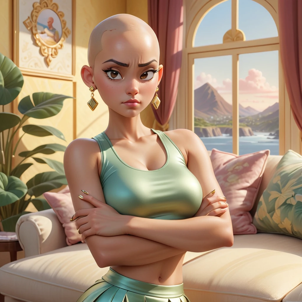 disney fashion, Bright bald girl, ((((bald))))) Crossed arms, looking at the viewer, (presumed:1.15), (angry:1.15), (half closed eyes:1.2), crop top, old, earrings, nail polish, perfect hands. living room landscape, Very detailed, very intricate, High resolution, very high quality, detailed and intricate, Ray tracing reflections, golden hour
