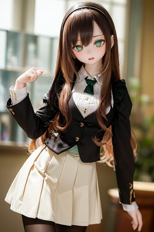 (SFW:2), photorealistic, realistic photo, 8k, ((highest quality)), ((masterpiece)), (extremely detailed), kukolnydom, doll, (mature woman, 21yo, 21 years old, solo:1.6), ((cowboy shot, contrapposto, slim, slender, skinny, medium breasts, hairband, ascot, vest, blouse, long puff sleeves, pleated skirt, black pantyhose)), (green eyes, brown hair, long hair, plastic skin, looking at another, glass eyes, gradient eyes, shining eyes, detailed eyes:1.3)