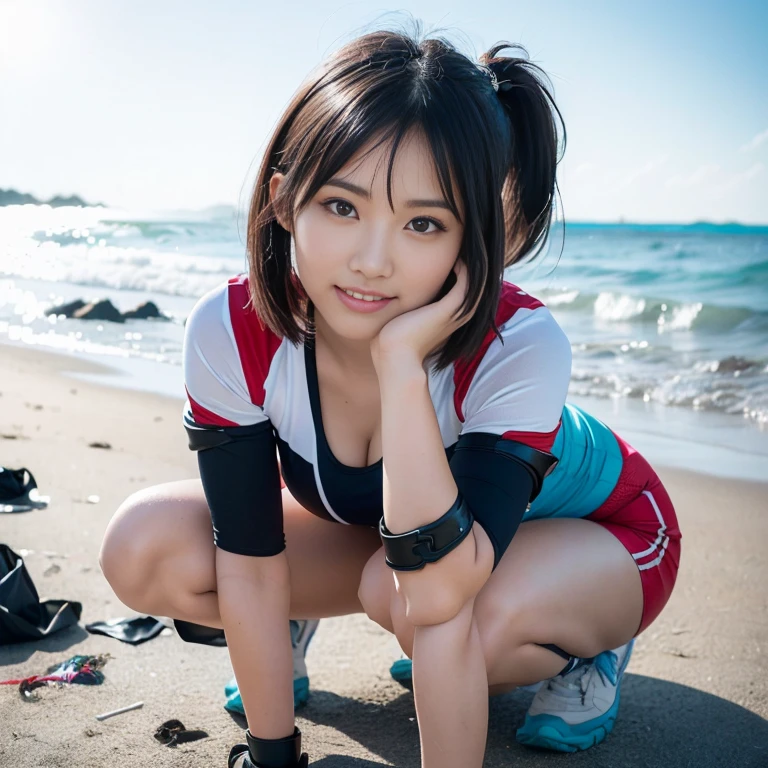 (2 beautiful Asian women volunteers, age 28, (wearing White Tight Lightweight Synthetic Korea Volleyball Jersey, Red Spandex Shorts, Ankle Braces and Knee Pads), (Squatting down, Collecting Ocean Debris Plastic Garbage Dump Pit Garbage), (Beach Clean-up, Ocean Clean-up), Early Dawn On a Windy Beach, Sun-rays, Lens Flare,

Hopeful expressions, kind smile, dimpled chins, cute snaggle-tooth, short hair, bob hair, short ponytail, symmetrical face, detailed facial features, beautiful detailed face, highly detailed face, beautiful detailed eyes, perfect body anatomy, ample round bosoms,

photorealistic, hyper-realism, high contrast, ultra HD, realistic skin textures, top image quality, top-quality, super high resolution, fine details, very meticulously, masterpiece, Award-winning,  head to knees, Full Body Shot, High Angle Shot, bokeh background, SFW, Safe For Work) #WorldOceansDay