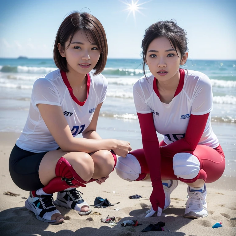 (2 beautiful Asian women volunteers, age 28, (wearing White Tight Lightweight Synthetic Korea Volleyball Jersey, Red Spandex Shorts, Ankle Braces and Knee Pads), (Squatting down, Collecting Ocean Debris Plastic Garbage Dump Pit Garbage), (Beach Clean-up, Ocean Clean-up), Early Dawn On a Windy Beach, Sun-rays, Lens Flare,

Hopeful expressions, kind smile, dimpled chins, cute snaggle-tooth, short hair, bob hair, short ponytail, symmetrical face, detailed facial features, beautiful detailed face, highly detailed face, beautiful detailed eyes, perfect body anatomy, ample round bosoms,

photorealistic, hyper-realism, high contrast, ultra HD, realistic skin textures, top image quality, top-quality, super high resolution, fine details, very meticulously, masterpiece, Award-winning,  head to knees, Full Body Shot, High Angle Shot, bokeh background, SFW, Safe For Work) #WorldOceansDay