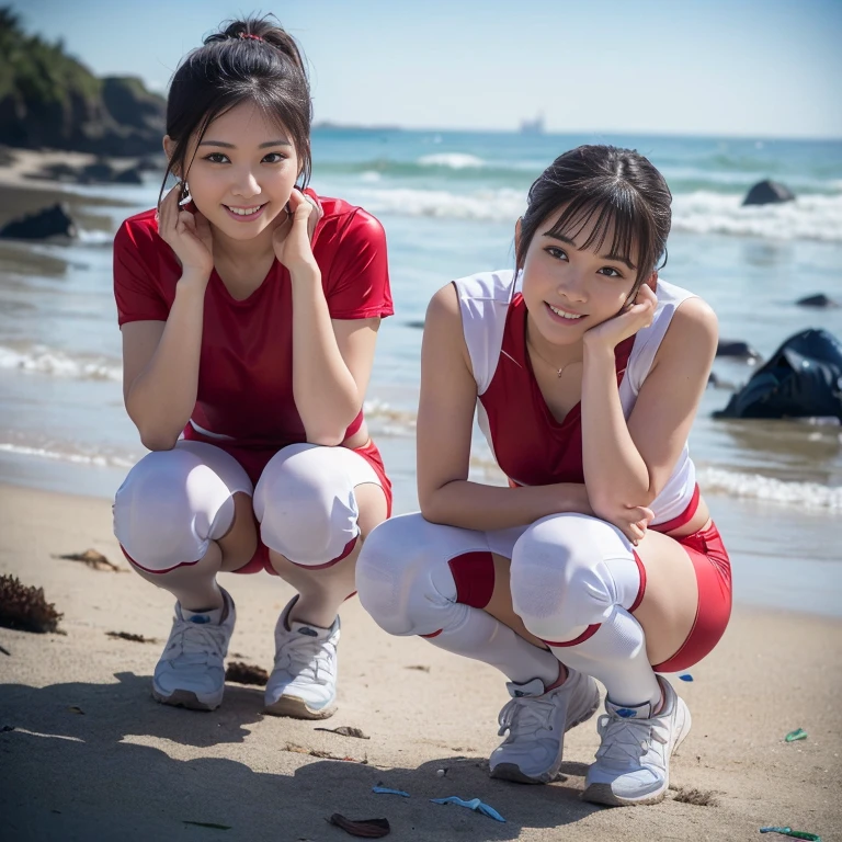 (2 beautiful Asian women volunteers, age 28, (wearing White Tight Lightweight Synthetic Korea Volleyball Jersey, Red Spandex Shorts, Ankle Braces and Knee Pads), (Squatting down, Collecting Ocean Debris Plastic Garbage Dump Pit Garbage), (Beach Clean-up, Ocean Clean-up), Early Dawn On a Windy Beach, Sun-rays, Lens Flare,

Hopeful expressions, kind smile, dimpled chins, cute snaggle-tooth, short hair, bob hair, short ponytail, symmetrical face, detailed facial features, beautiful detailed face, highly detailed face, beautiful detailed eyes, perfect body anatomy, ample round bosoms,

photorealistic, hyper-realism, high contrast, ultra HD, realistic skin textures, top image quality, top-quality, super high resolution, fine details, very meticulously, masterpiece, Award-winning,  head to knees, Full Body Shot, High Angle Shot, bokeh background, SFW, Safe For Work) #WorldOceansDay