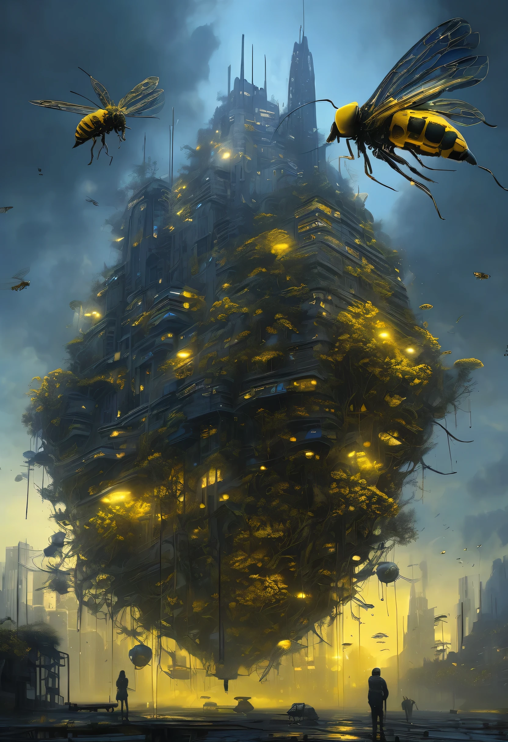 Forest with biomechanic insects, high tech ornaments composing a futuristic city, cityscape with buildings on sunset, mystery atmosphere, deep grey and black blue and golden yellow, 4D, 8K, photorealistic, dreamlike, big and complex composition storytelling, masterpiece, artwork by Bernie Wrightson, artwork by Jeremy Mann, Surrealism, Impressionism