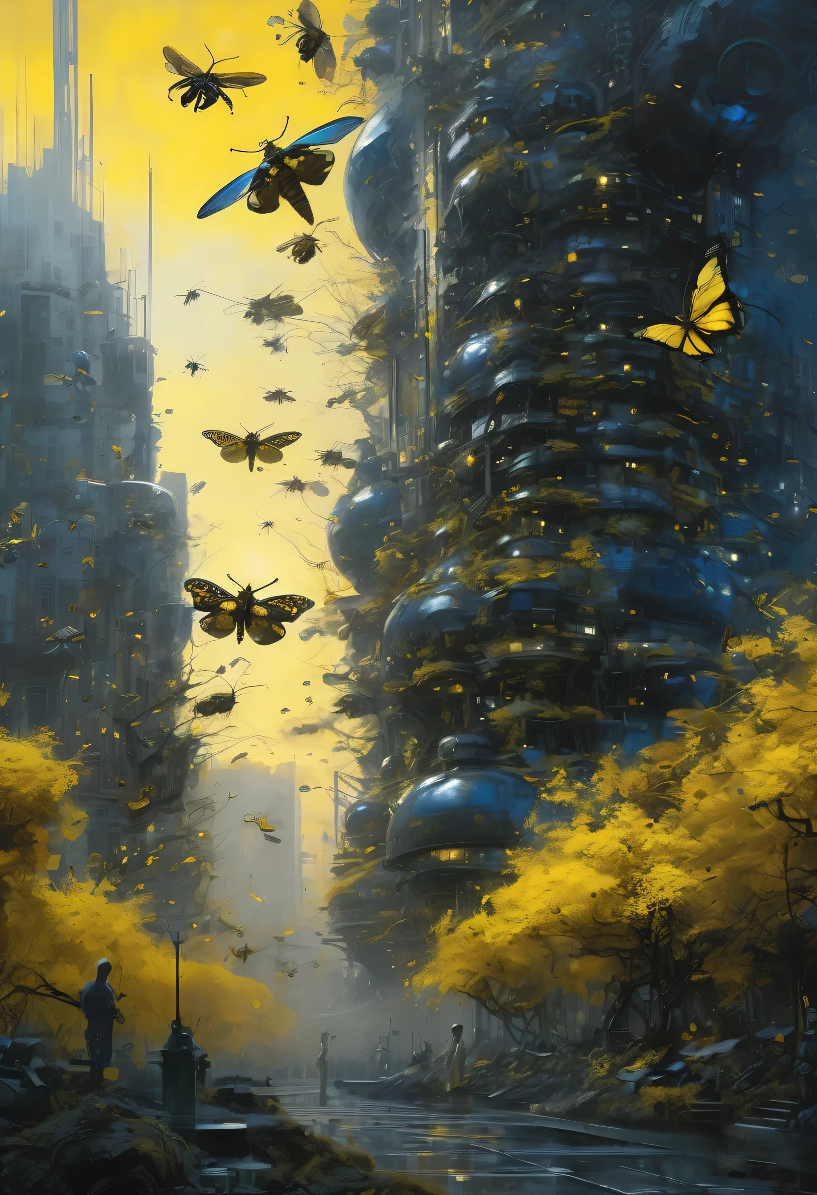 Forest with biomechanic insects, high tech ornaments composing a futuristic city, cityscape with buildings on sunset, mystery atmosphere, deep grey and black blue and golden yellow, 4D, 8K, photorealistic, dreamlike, big and complex composition storytelling, masterpiece, artwork by Bernie Wrightson, artwork by Jeremy Mann, Surrealism, Impressionism