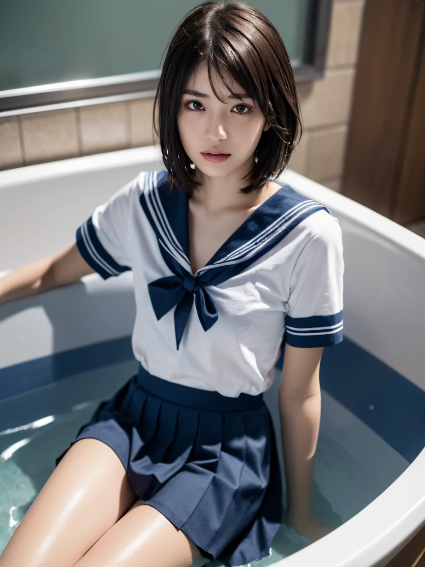 (masterpiece:1.2), Very detailed, Ultra-high resolution, (Realistic, photo Realistic:1.6), High-resolution RAW color photos, Professional photos, Sharp focus:1.2, (Very detailed顔と肌の質感, Very beautiful eyes, Glossのある肌, Glowing Skin, Glowing Skin, Shining Face, Gloss, Oily skin, greasy face, Oily skin, greasy face,),, (real Glossのある肌 texture), Perfect Anatomy, Very detailed背景,(Soaking in the bathtub),((1 female)),25-year-old woman, Japanese women,height: 168cm,(short hair, Straight hair, bangs, Brown Hair),(Flat Chest:1.6),(Wet clothes:1.3),(Slim, thin legs), ((((Short Sleeve White Sailor School Uni形状、Navy blue pleated skirt：1.5)))