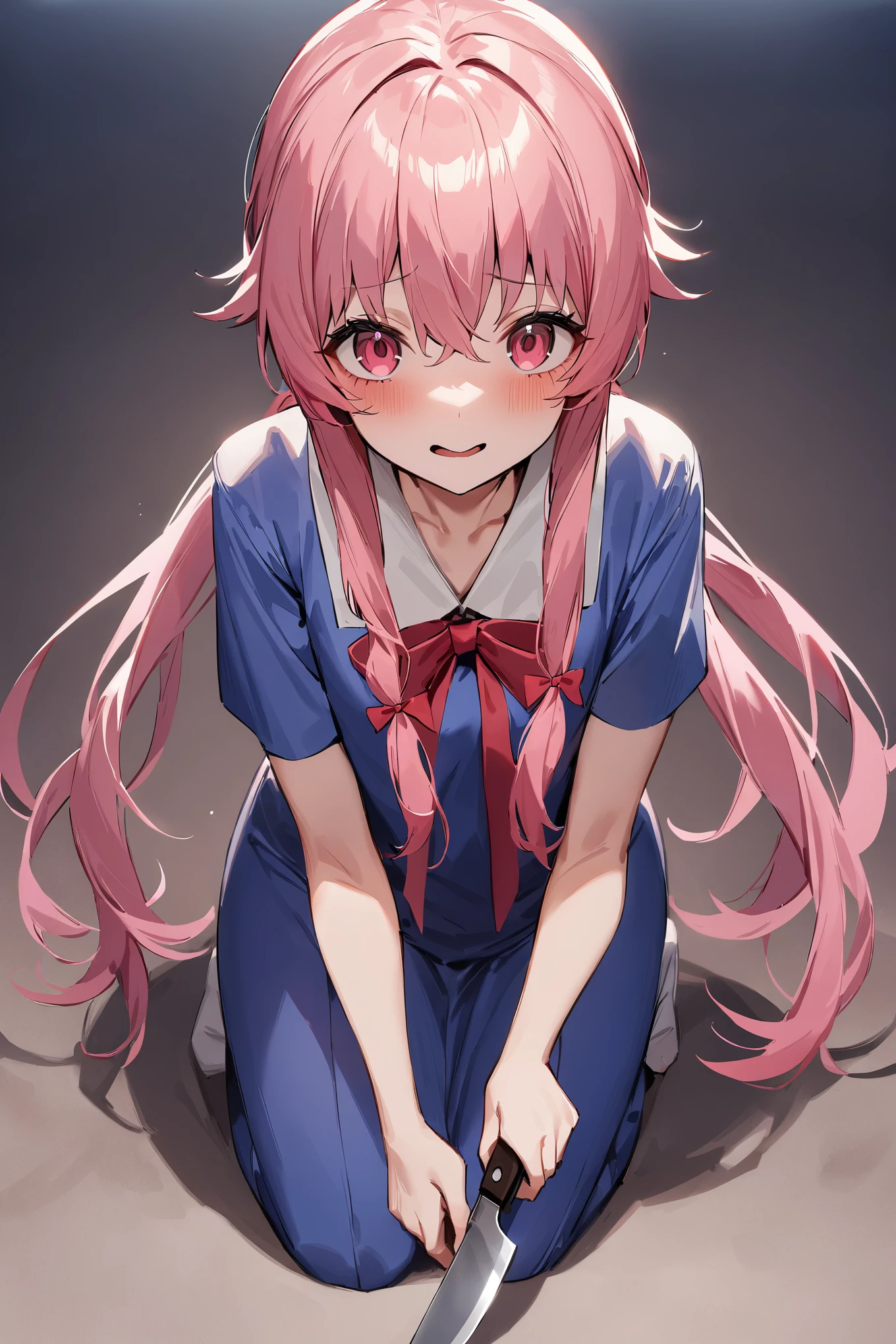 gasai_yuno,yandere,holding_knife,Standing on the ground,frontal,front view,Positive por,masterpiece,best quality,very aesthetic,absurdres