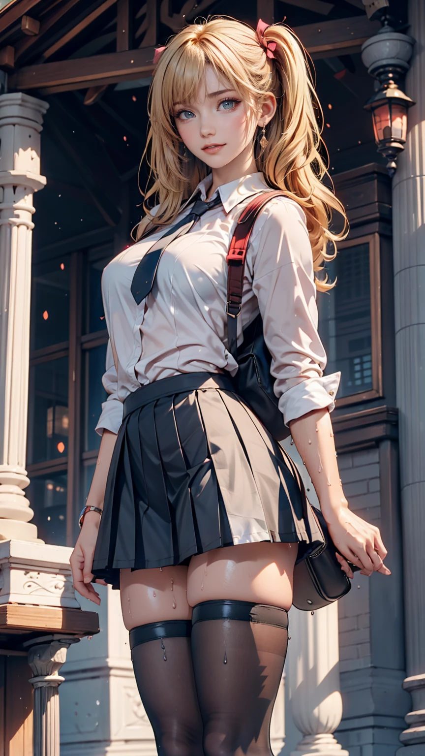 Airi Akizuki. oni chichi, masterpiece, Highest quality, Very detailed, figure, Flat Color, Depth of written boundary, , , 1 girl, young, anime, Returning Home, full length, blonde, Twin tails, Looking at the audience, red pleated mini skirt, Wet white button-down shirt, school uniform, Seraphim, Blue tie, Very good, black tights, Small backpack, Detailed leather texture, Detailed fabric texture, Beautifully detailed face, Big Breasts, blue eyes, tired, A light smile, Pink Panties
