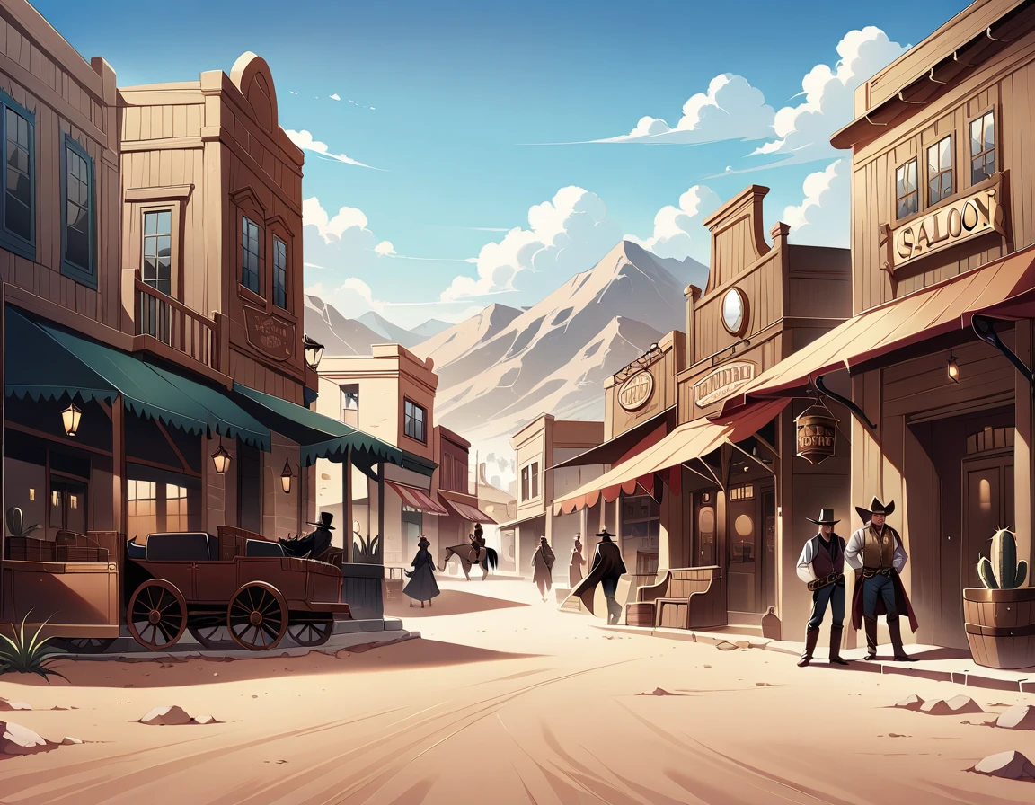Western, Wild West, two gunmen, duel scene, western town with rolling tumbleweeds and cacti, in the afternoon, on the main street in front of the saloon, two gunmen played by Lee Van Cleef and Clint Eastwood are about to duel. , masterpiece, Incredibly absurd resolution, absolute resolution, super high resolution, shallow depth of field, highly detailed, high budget, raw photography, CinemaScope, epic, gorgeous, 16k