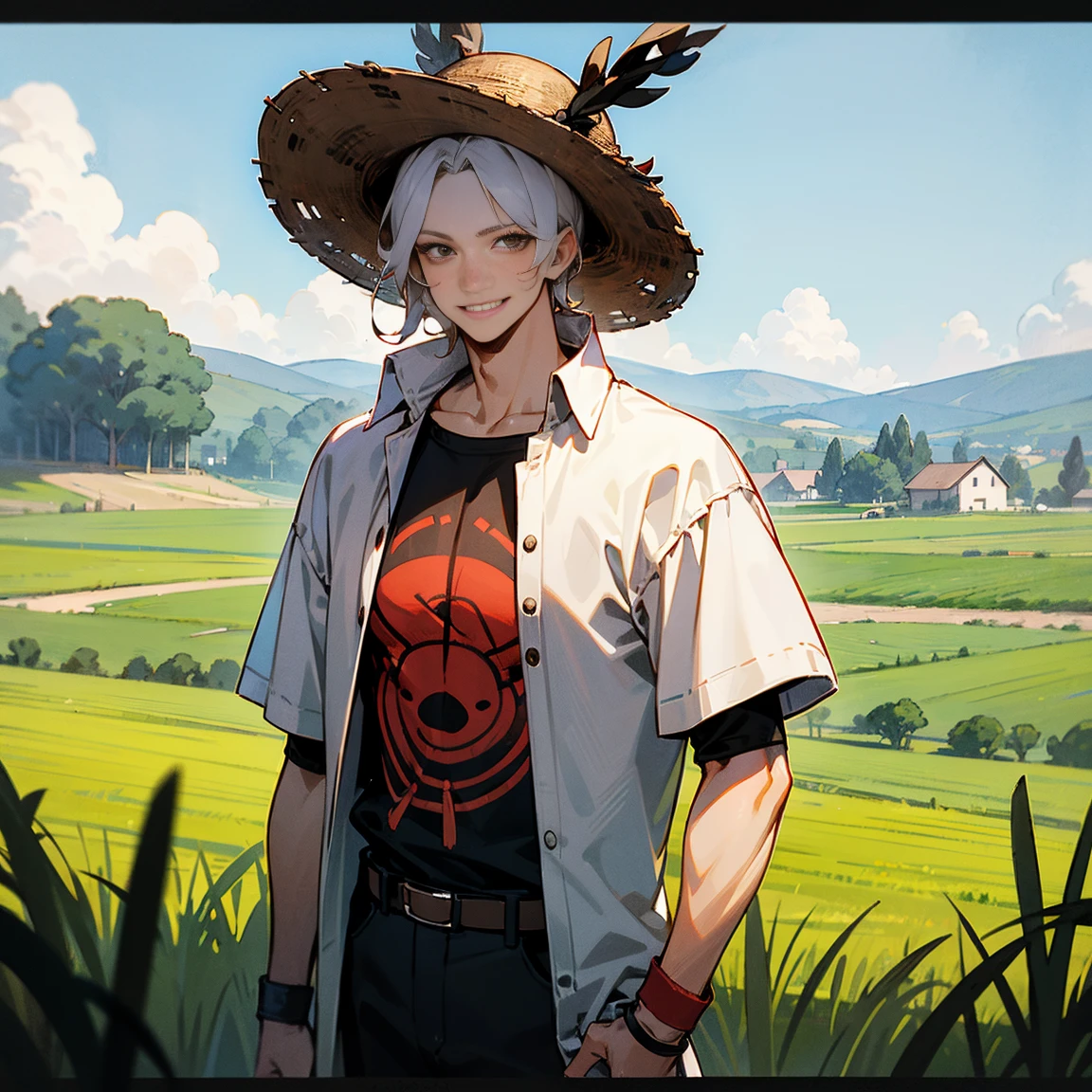 1male, Adult Male, brown Strawhat with a Red Band , Happy Expression , Wavy medium length white Hair , T-Shirt , Black Wristbands , Standing in countryside