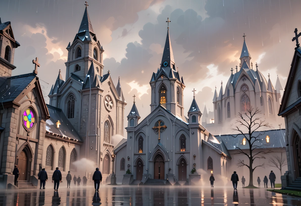 white church, fog, spring, raining, rain, masterpiece quality, ultra HD, 4K, best quality