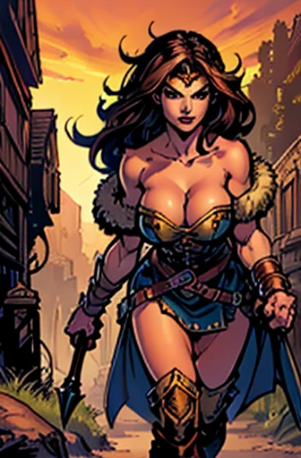 (masterpiece, top quality, best quality, official art, beautiful and aesthetic:1.2), (1girl:1.3), dark brown hair pulled back, in an untidy mane, braids, extremely detailed, portrait, looking at viewer, solo, (full body:0.6), detailed background, close up, facepaint, (warm summer desert theme:1.1), busty human barbarian queen, elegant face, long face, charlatan, smirk, mysterious, walking in savannah, revealing tribal attire, brown leather, fur lined clothes, long boots, buckles, straps, pouches, axes, tan fabric, brown leather, ((gigantic breasts, skindentation, cleavage)), toned, strong, slim waist, slim hips, long legs, muscular legs, medieval (savannah exterior:1.1) background, dark mysterious lighting, shadows, magical atmosphere, dutch angle, (comics)