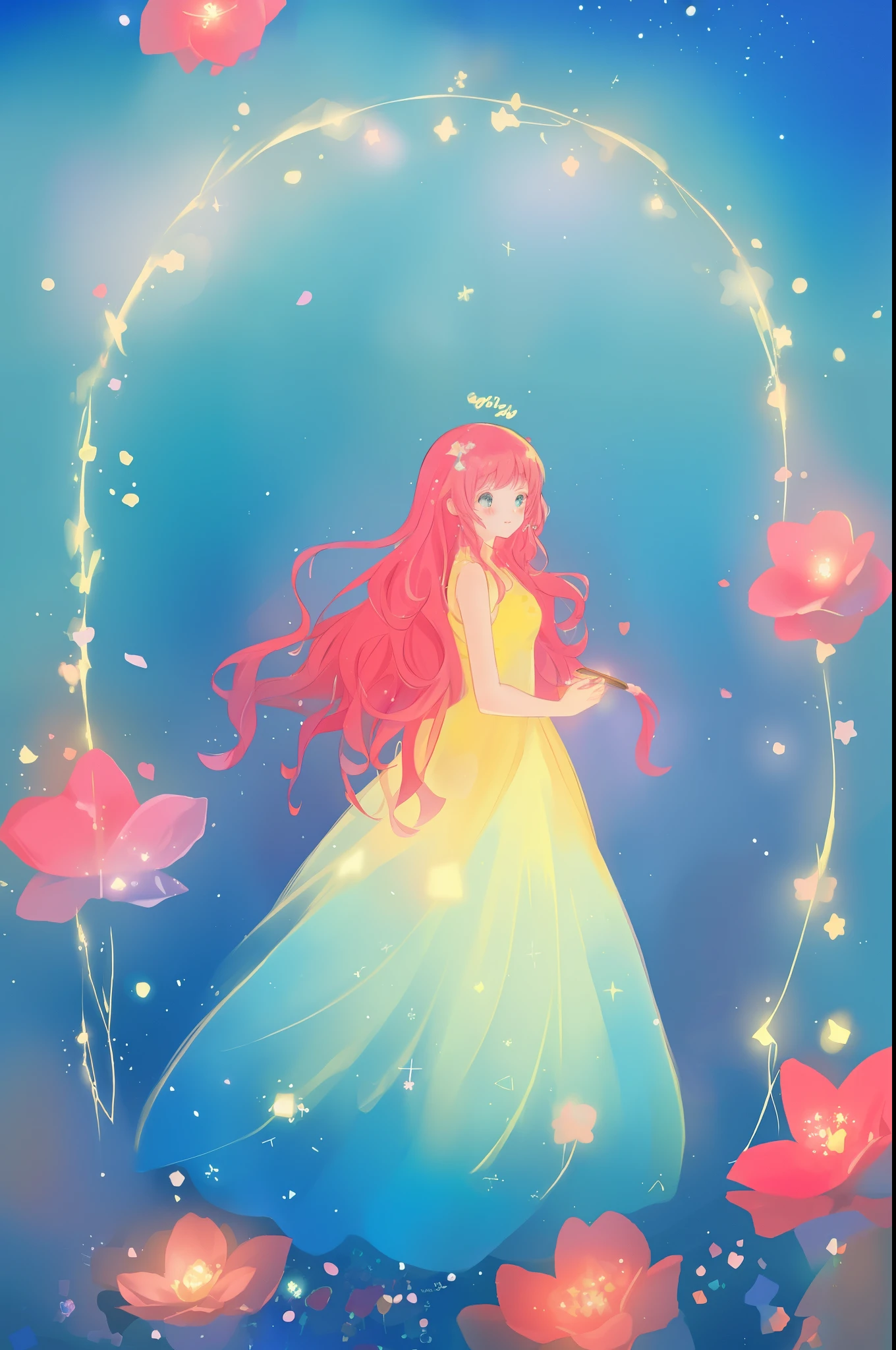 beautiful anime girl in flowing layered ballgown, vibrant pastel colors, (colorful), magical lights, magical flowers, flowers, glowing lights, red pink long wavy hair, sparkling lines of light, inspired by Glen Keane, inspired by Lois van Baarle, disney art style, by Lois van Baarle, glowing aura around her, by Glen Keane, jen bartel, glowing lights! digital painting, flowing glowing hair, glowing flowing hair, beautiful digital illustration, fantasia background, whimsical, magical, fantasy, beautiful face, ((masterpiece, best quality)), intricate details, highly detailed, sharp focus, 8k resolution, sparkling detailed eyes, liquid watercolor