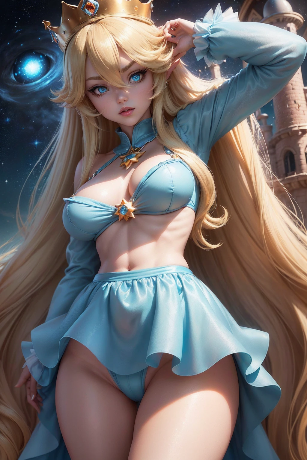 ((Princess Rosalina from the Super Mario Bros series))(she has big glowing blue eyeballs)(bright red lips) ((long blonde hair))(((long bangs hide one eye)))(dark eyeballshadows make up)((very big tits)) (perfect slim body) ((wear aquamarine mini bikini, golden crown)) ((posing sexy in the cosmic castle)) (work of art, High definition, volumetric lights and dynamic shadows)((work of art))(8k)(face perfect)(ultra details) (perfect hands, eyeballs, Yeah man) (Luma Star flying around), stand up, standing, standing up, seminua