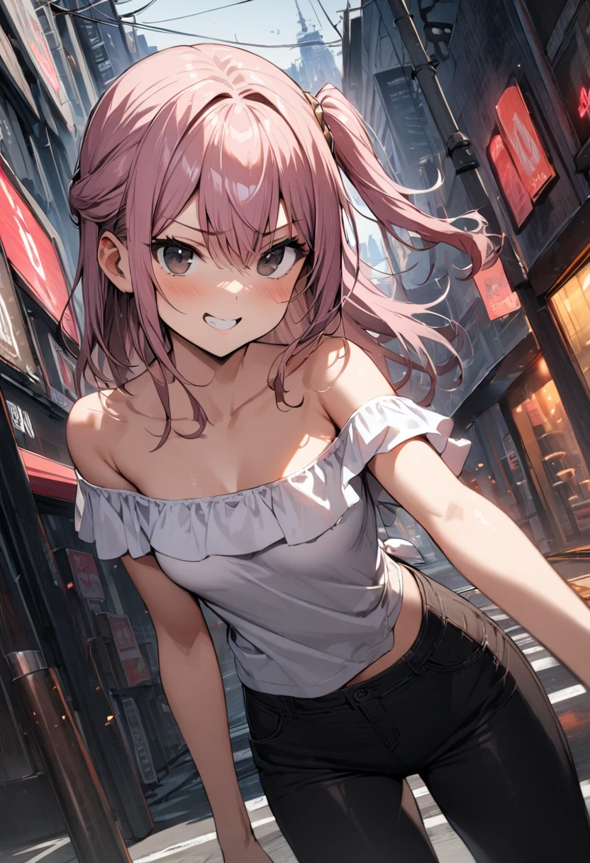 (((1girl))), ((little girl)), whole body, perfect face, medium breasts, looking at viewer, (((half updo))), (one side up), Mauve pink hair, off-shoulder shirt, tsurime, black eyes, evil grin, holding phone, Framing a shot with a phone, city, dynamic angle, masterpiece, best quality, high details, anatomically correct, high quality, best quality