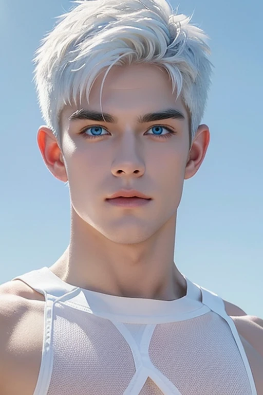 Jack Frost, thin nose, thin lips, blue eyes, white hair, jock putfit, young very handsome face, best quality,masterpiece,Ultra high detail,A handsome hunky muscular man, completely , topless, white micro thong, with white cloth, white transparent mesh cloth. , realistic,winter as background,