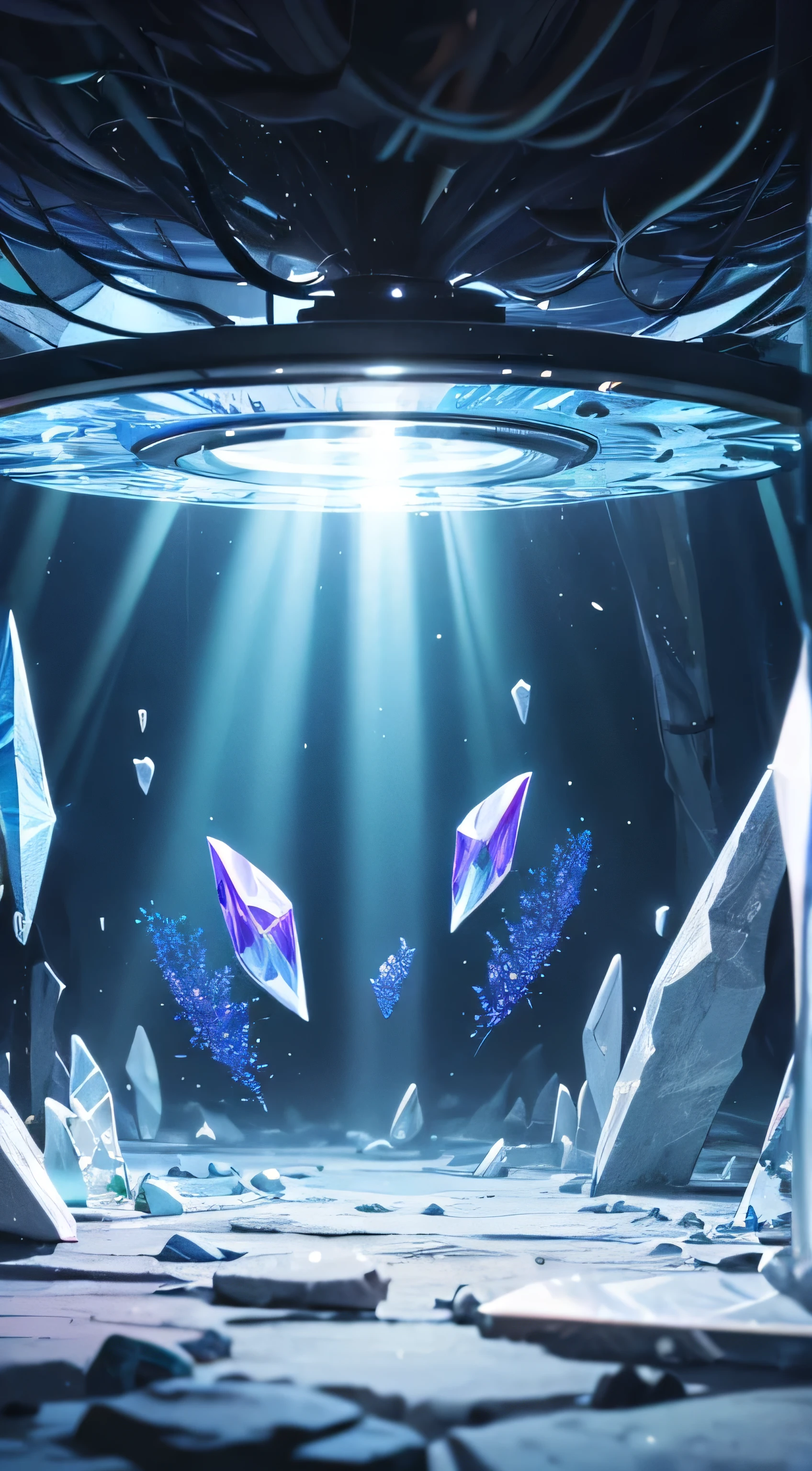 (crystal caves), crystal, crystal rocks, crystal flowers, crystal birds, reflection, rays, illumination, glowing particles, caustics, ultra realistic illustration and highly detailed digital render, photon mapping, radiosity, physically-based rendering,
