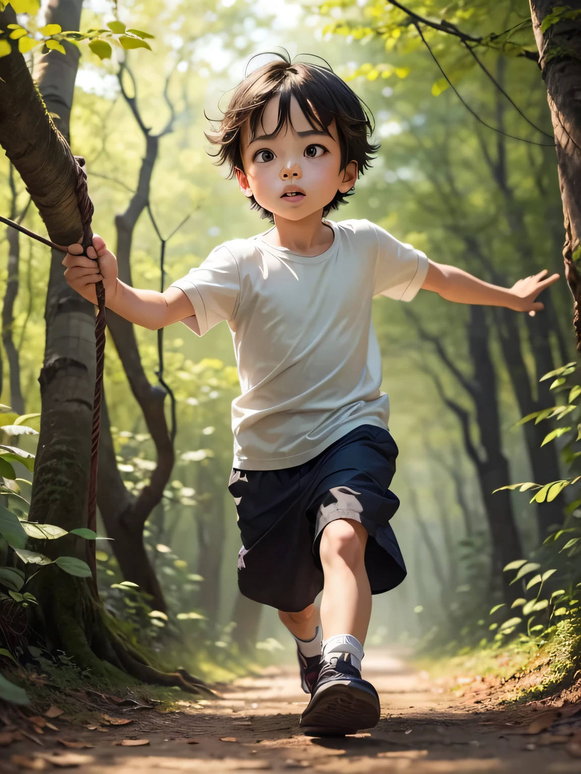 A cute boy of about 5 , running around swinging a tree branch, in a bright forest
