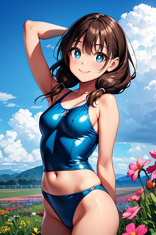 Megumi Amano、Shiny brown hair, Twin tails, Beautiful Blue Eyes、Small waist、Small breasts、Modest chest、smile、Sparkling eyes, (fine grain)、Very fine eye、Very detailed顔, Very detailed目, Cowboy Shot、



very cute and beautiful girl,(Very exquisite beautiful face and eyes),(Blue swimsuit),
Are standing,Put your arms behind your back,Poolside,Small colorful flowers blooming in the meadow,
(smile),View your viewers,,Cowboy Shot,
(Highest quality,masterpiece),Absurd,High resolution,Very detailed,Very detailed,32K,
Movie Scenes,Detailed Background,alone,Dynamic Angle,
Hair blowing in the wind,Beautifully detailed skies,(Realistic),