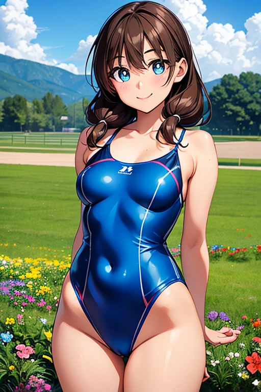 Megumi Amano、Shiny brown hair, Twin tails, Beautiful Blue Eyes、Small waist、Small breasts、Modest chest、smile、Sparkling eyes, (fine grain)、Very fine eye、Very detailed顔, Very detailed目, Cowboy Shot、



very cute and beautiful girl,(Very exquisite beautiful face and eyes),(Blue swimsuit),
Are standing,Put your arms behind your back,Poolside,Small colorful flowers blooming in the meadow,
(smile),View your viewers,,Cowboy Shot,
(Highest quality,masterpiece),Absurd,High resolution,Very detailed,Very detailed,32K,
Movie Scenes,Detailed Background,alone,Dynamic Angle,
Hair blowing in the wind,Beautifully detailed skies,(Realistic),