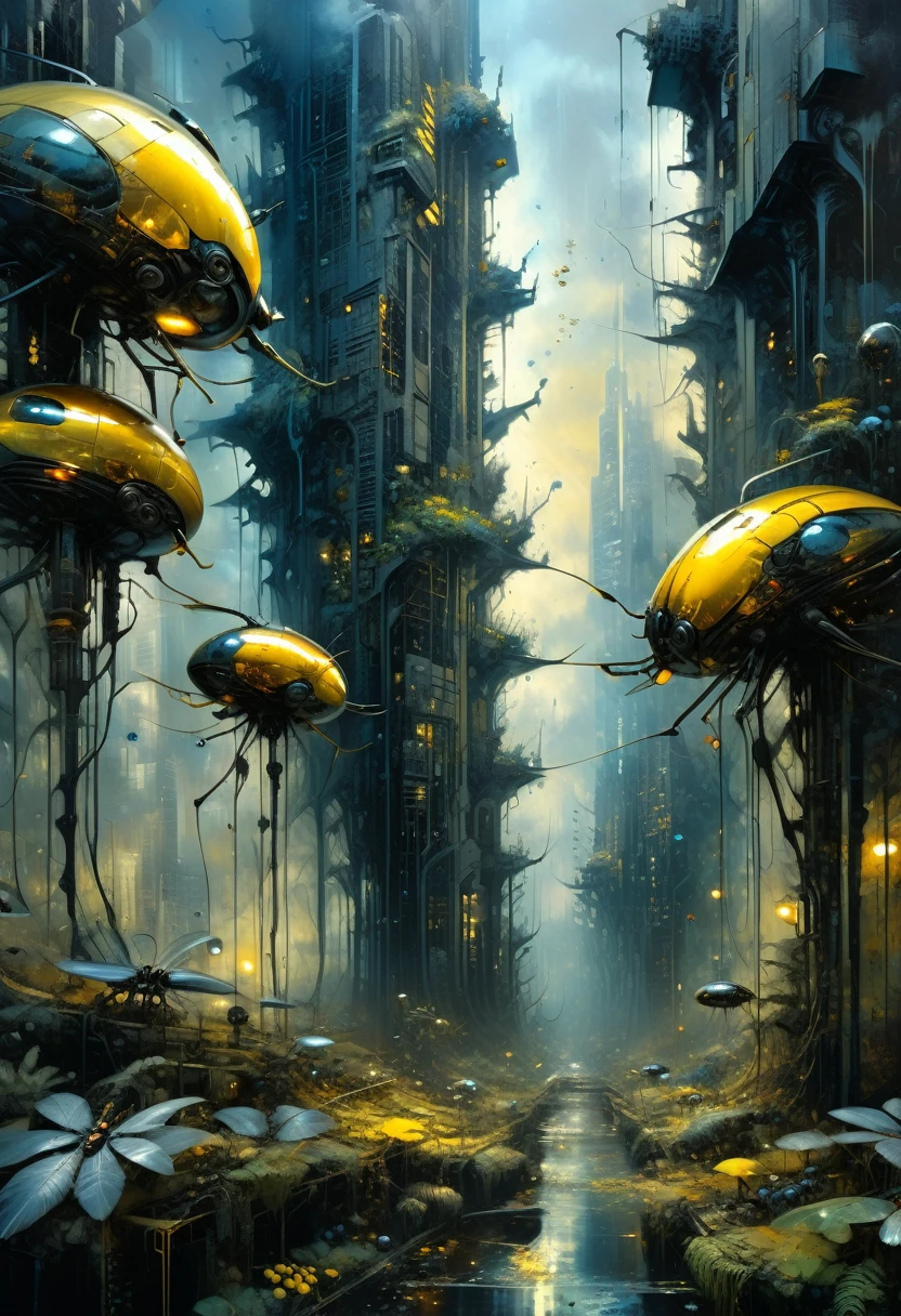 Forest with biomechanic insects, high tech ornaments composing a futuristic city, cityscape with buildings on sunset, mystery atmosphere, deep grey and black blue and golden yellow, 4D, 8K, photorealistic, dreamlike, big and complex composition storytelling, masterpiece, artwork by Bernie Wrightson, artwork by Jeremy Mann, Surrealism, Impressionism