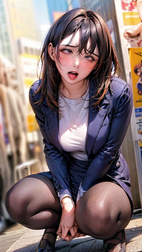 Skyscrapers in the background,masterpiece,Highest quality,High resolution,Anatomically correct,Sweat,Blue suit,pantyhose,shirt,Spread your legs,Spread your legs,Glowing Skin,Forehead,Messy Hair,Long Bob,ID card,Bend your knees and squat,Panting