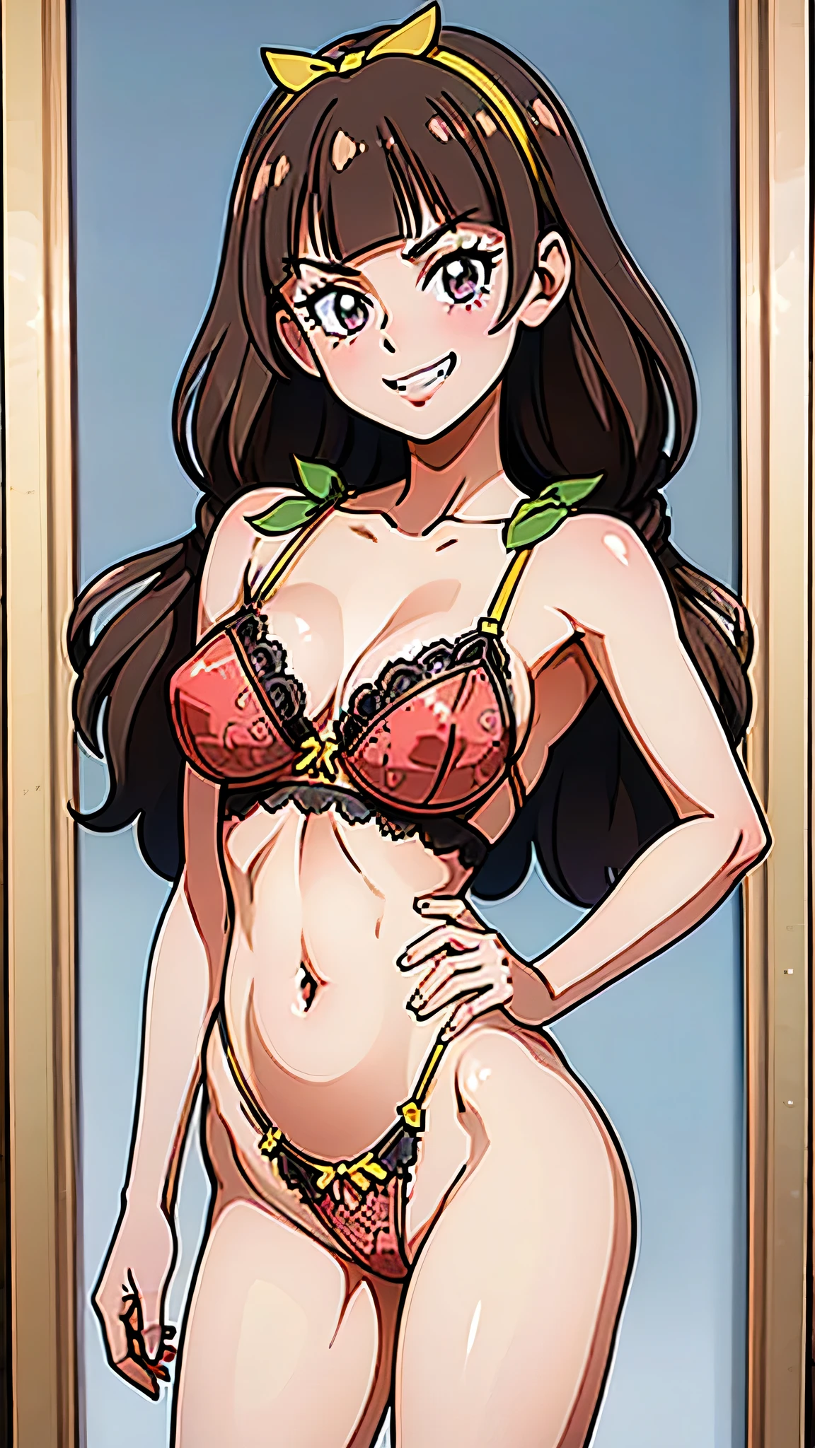 1 girl, (solo), ((amanogawaki)), best quality, highres, high quality, 8k, HD, super detail, anatomically correct, UHD, accurate, (masterpiece:1.2), (high quality:1.0), (ultra detailed), (Adult:1.2), (Mirror Background), (Smug Grin), selfie, mirror, edgHL_lingerie, wearing edgHL, Phone, Transparent Lingerie, Lace pattern, ((Contrapposto:1.5)) (upper body:1.2)