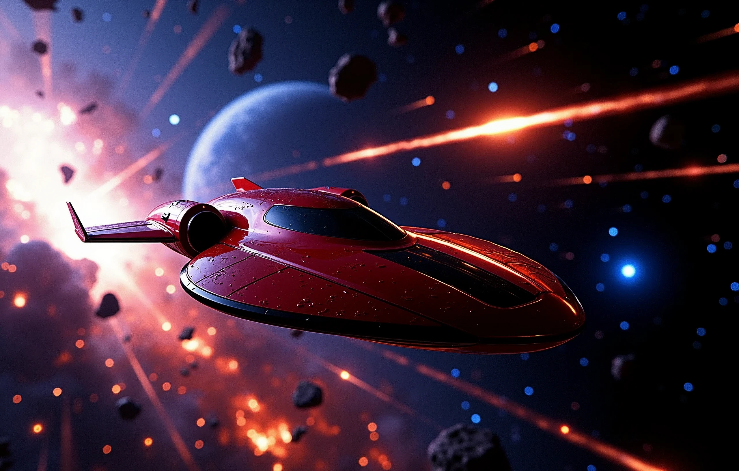A crimson spaceship, a marvel of engineering, zooms through the void, fleeing the catastrophic aftermath of an exploding planet. The once-blue world now blazes with a fiery intensity, its destruction illuminated by light rays that seem to emanate from the very core of chaos. Amidst this apocalyptic backdrop, asteroids streak across the frame, their burning trails leaving glowing contrails in their wake. In the distance, blue stars twinkle like diamonds against the blackness, a celestial reminder of the vastness and beauty of space. The spaceship, a masterclass of Futurism-inspired design, hurtles forward with incredible velocity, its red and black hull glistening with speed lines and motion lines that evoke a sense of dynamic tension. Cinematic lighting casts a dramatic glow on the scene, bathing all in an otherworldly radiance., Futurism, modern, Hyperrealism, speed lines, cinematic lighting, glowing light, motion lines, backlighting, retina, accurate, masterpiece, super detail, high quality, award winning, highres, 4K, 8k, 16k