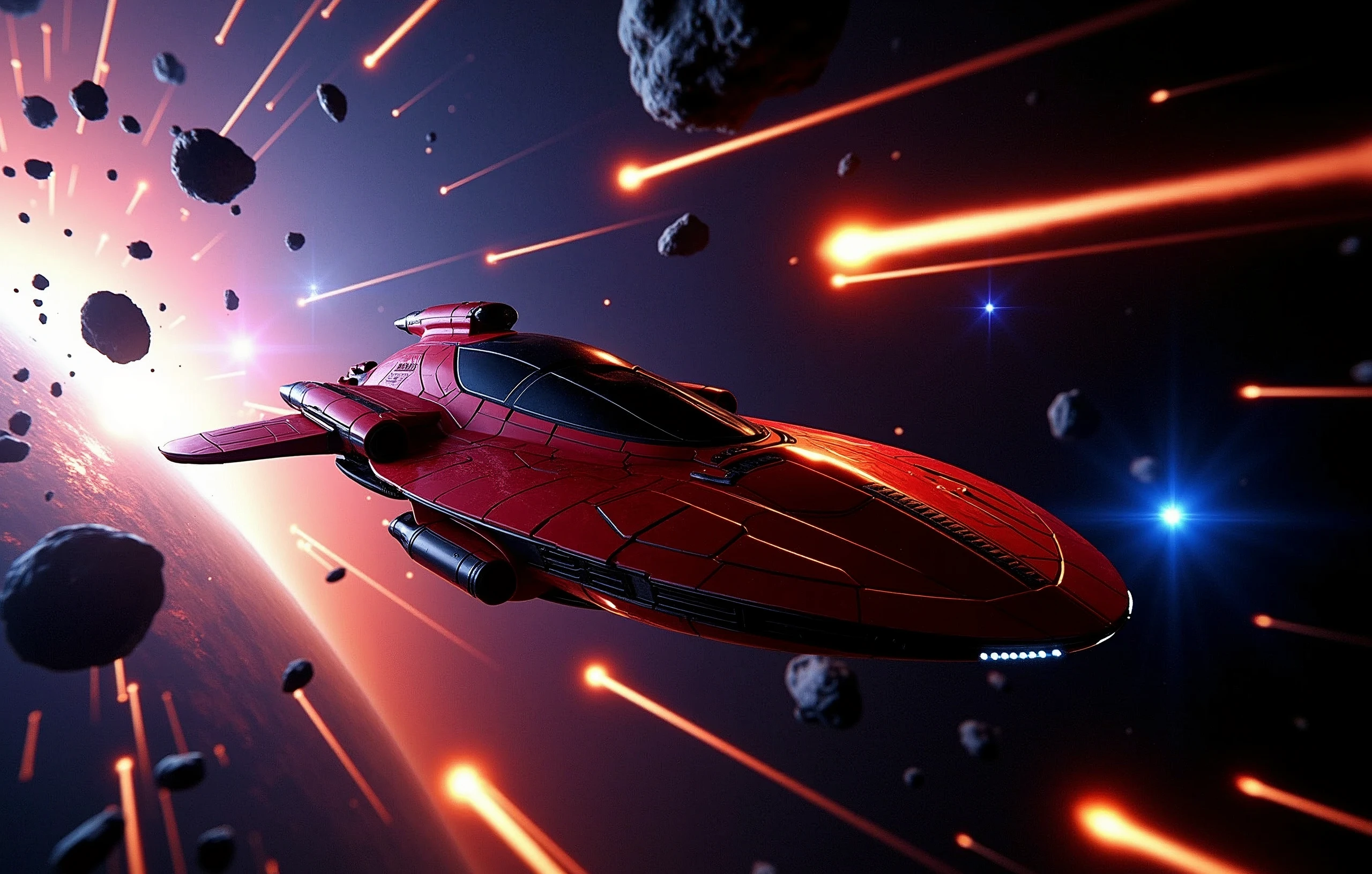 A crimson spaceship, a marvel of engineering, zooms through the void, fleeing the catastrophic aftermath of an exploding planet. The once-blue world now blazes with a fiery intensity, its destruction illuminated by light rays that seem to emanate from the very core of chaos. Amidst this apocalyptic backdrop, asteroids streak across the frame, their burning trails leaving glowing contrails in their wake. In the distance, blue stars twinkle like diamonds against the blackness, a celestial reminder of the vastness and beauty of space. The spaceship, a masterclass of Futurism-inspired design, hurtles forward with incredible velocity, its red and black hull glistening with speed lines and motion lines that evoke a sense of dynamic tension. Cinematic lighting casts a dramatic glow on the scene, bathing all in an otherworldly radiance., Futurism, modern, Hyperrealism, speed lines, cinematic lighting, glowing light, motion lines, retina, accurate, masterpiece, super detail, high quality, award winning, highres, 4K, 8k, 16k