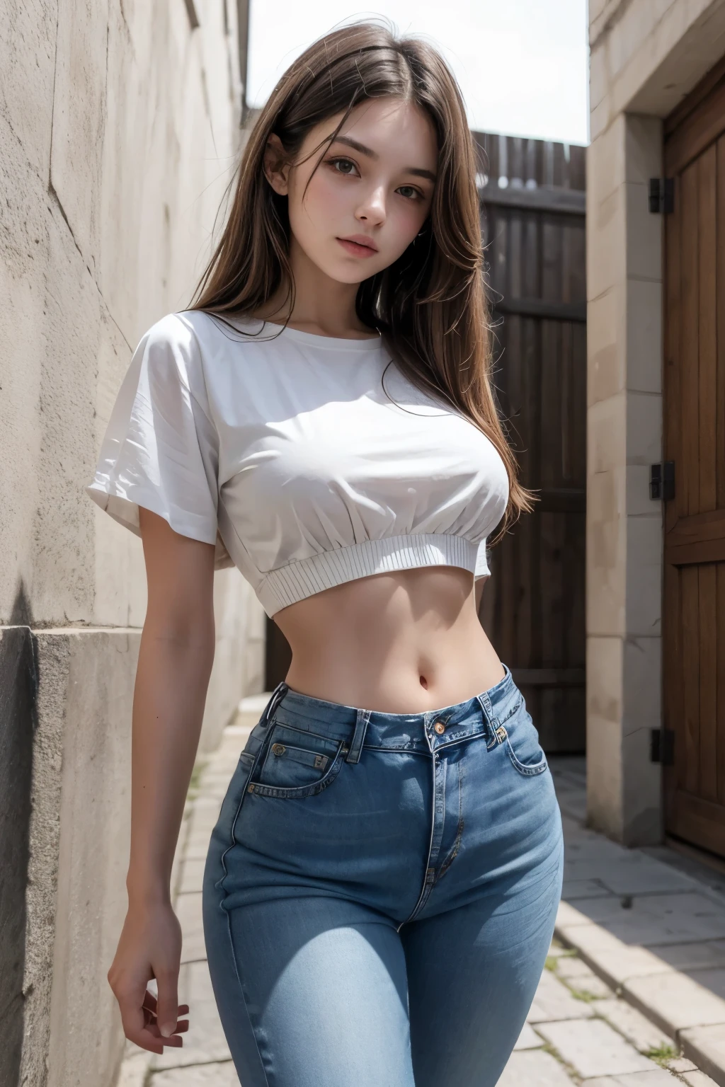 Beautiful 19-year-old brunette girl wearing a short blouse open to the stomach and high-waisted jeans showing her navel