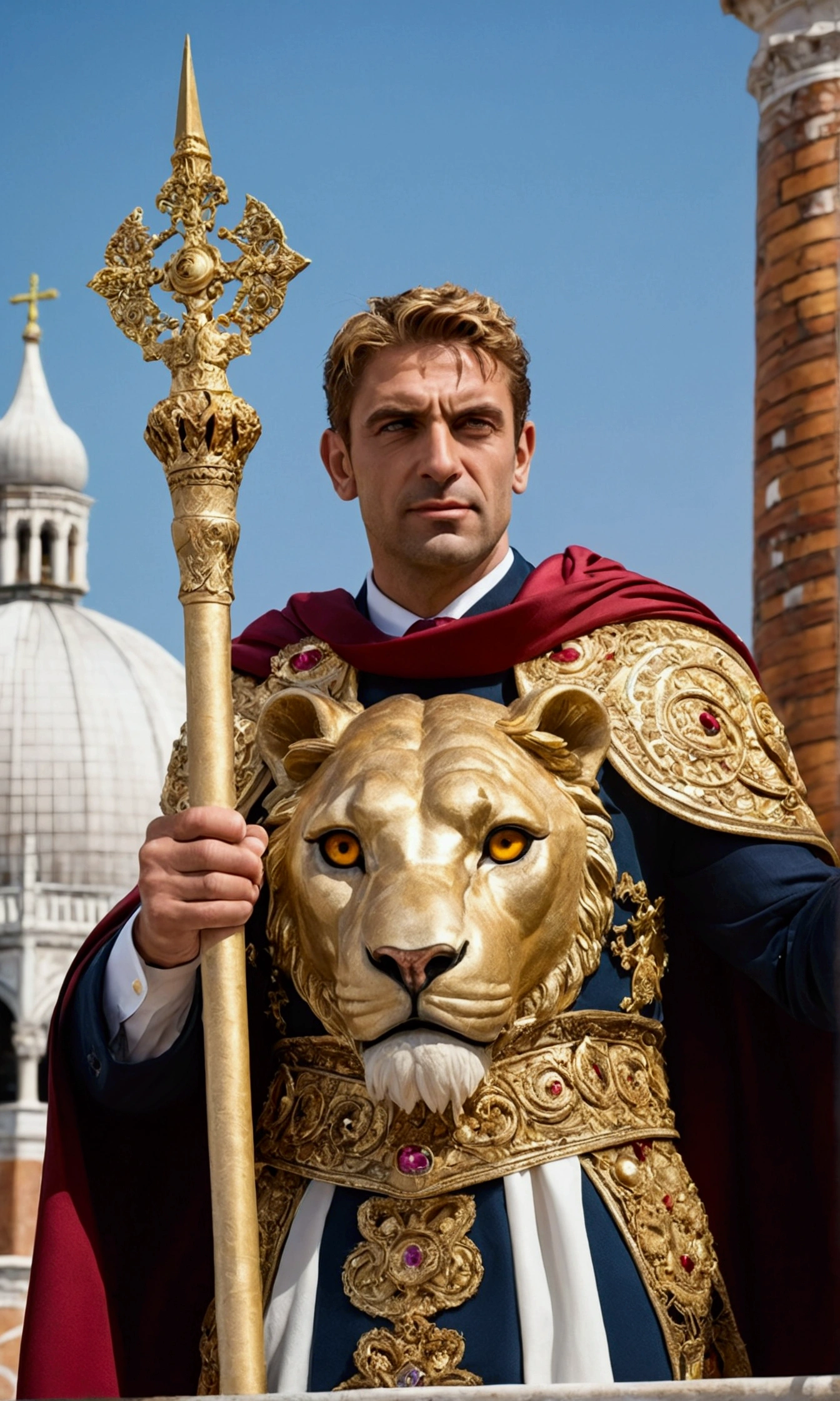 Roman Emperor Constantine the Great resurrected in modern times、Lion-like eyes、Bright and sharp eyes、Deep smile、Harboring dangerous ambitions、Wearing a luxury suit、neck tie、Bold composition、The majesty of a ruler、34 years old、mature、manly、Competent and hard-working、Successful businessman、He holds a holy spear that emits a flash of gold。Fight to protect the woman you love。Repentance, Forgiveness, Healing, and Peace、reuthentic、Gentle and kind、Usually gentle, but cold when necessary、Scenery of Venice、Background of St. Mark's Basilica、Easter season、Nostalgic atmosphere、Hope for the future、lyrical、A glamorous and fantastic costume festival、Psychic Battle、Modern Fantasy、『In the name of the Father, and of the Son, and of the Holy Ghost』elegance、opulent、elegan、masterpiece、top-quality、