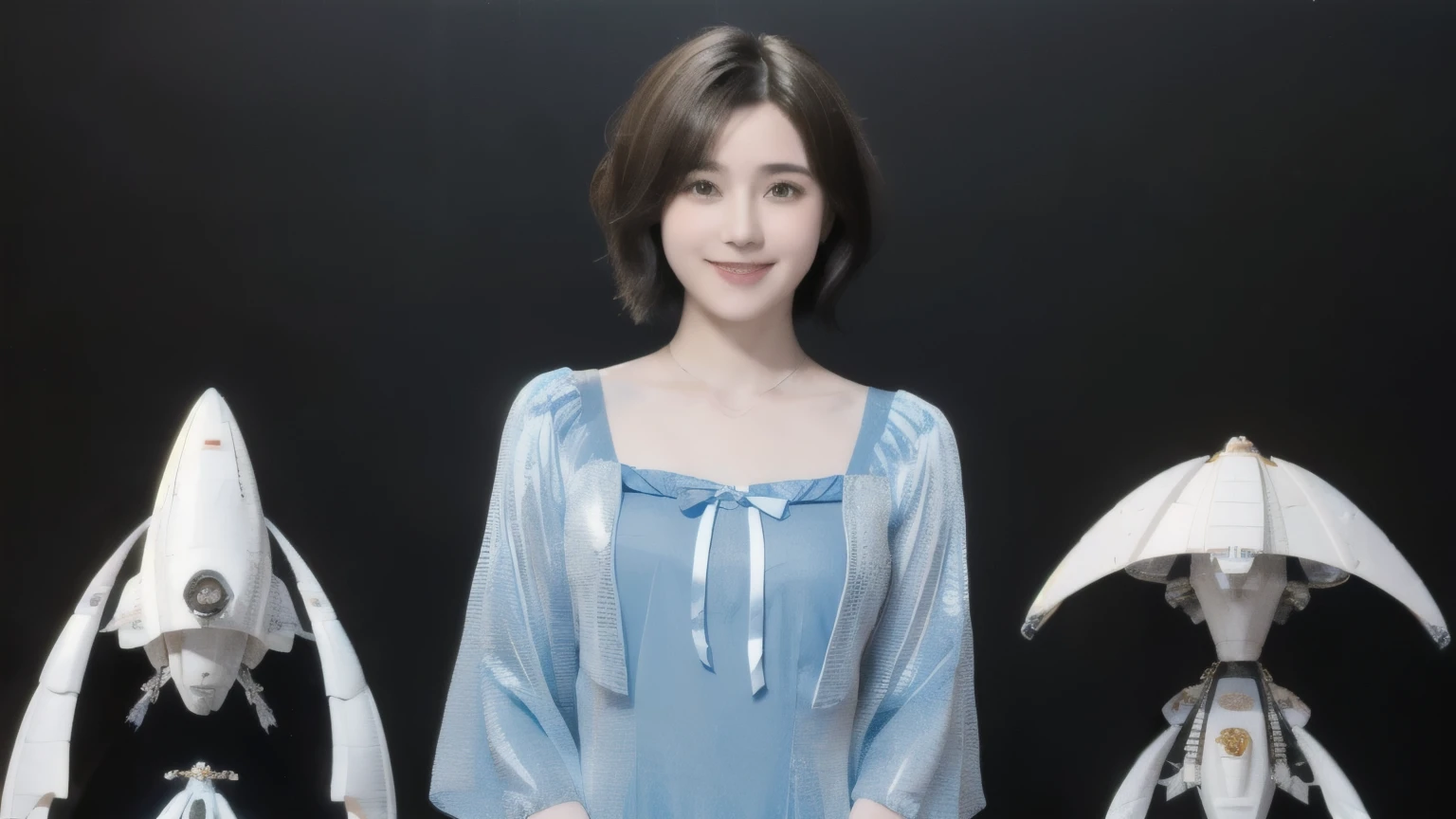 268 (20-year-old princess,Are standing), ((short hair:1.46)), (chest:1.46), Old-fashioned smile, (flower), (Spaceship:1.46)