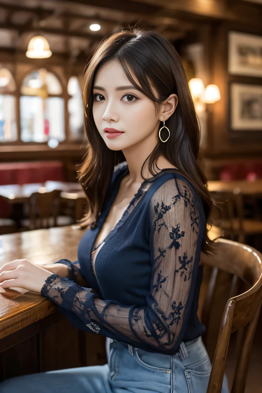 masterpiece, Highest quality, Realistic, Very detailed, Finer details, High resolution, 8k wallpaper, One beautiful woman, Wear a navy blue see-through blouse, In a great pub, At night, Light brown messy hair, Perfect dynamic composition, Beautiful and beautiful eyes、Big earrings、Sitting in a chair、