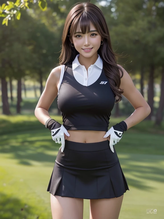 Spread your legs、Lacy black underwear、Focused on the crotch, cotton,Very detailed CG Unity 8k 壁紙, Highest quality, Very detailed, Tabletop, Realistic, Like the picture, Very detailed美しい女性, 25-year-old woman,the body is slim,(Tight golf wear) , (golf mini skirt) , (Wearing golf gloves)、 Dark brown long hair、 ((bangs)),Round eyes, Big eyes、((The shape of the nipples is visible even through clothing))、Realistic female hands, blush, smile, Release your lips, Full Body Shot, ((Golf wear that fits your body))、Golf course、Stand upright、Random Face,smile,,