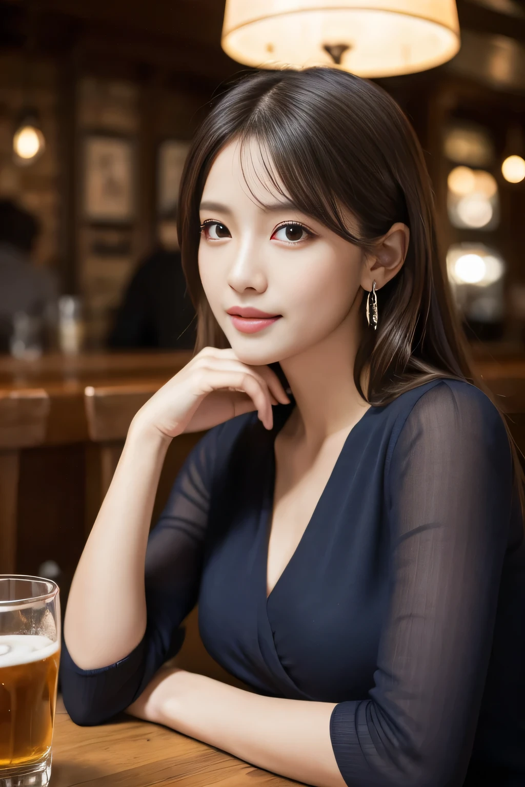 masterpiece, Highest quality, Realistic, Very detailed, Finer details, High resolution, 8k wallpaper, One beautiful woman, Wear a navy blue see-through blouse, In a great pub, At night, Light brown messy hair, Perfect dynamic composition, Beautiful and beautiful eyes、Big earrings、Sitting in a chair、