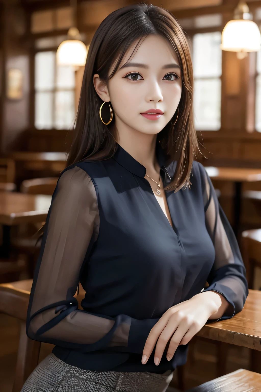 masterpiece, Highest quality, Realistic, Very detailed, Finer details, High resolution, 8k wallpaper, One beautiful woman, Wear a navy blue see-through blouse, In a great pub, At night, Light brown messy hair, Perfect dynamic composition, Beautiful and beautiful eyes、Big earrings、Sitting in a chair、