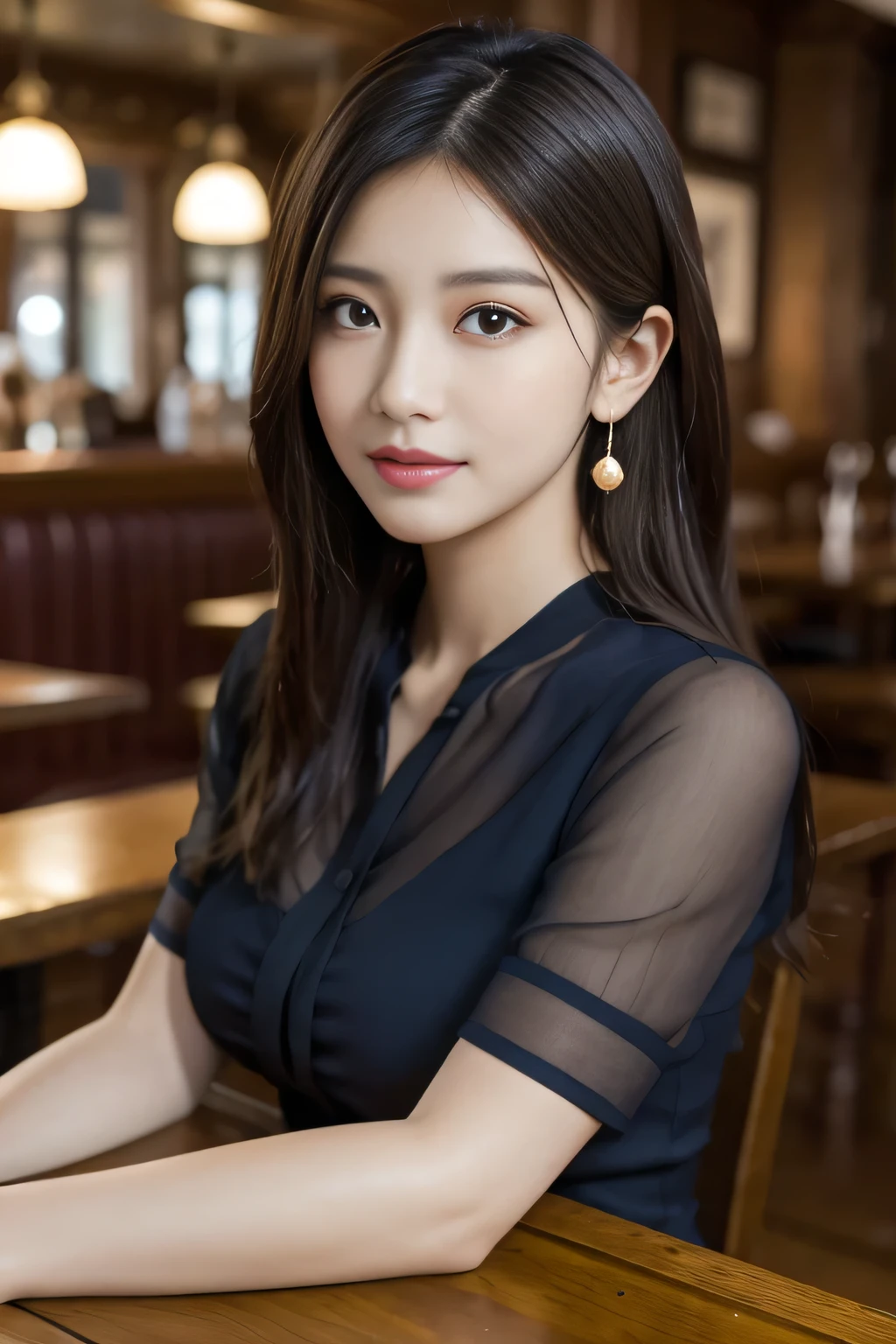 masterpiece, Highest quality, Realistic, Very detailed, Finer details, High resolution, 8k wallpaper, One beautiful woman, Wear a navy blue see-through blouse, In a great pub, At night, Light brown messy hair, Perfect dynamic composition, Beautiful and beautiful eyes、Big earrings、Sitting in a chair、