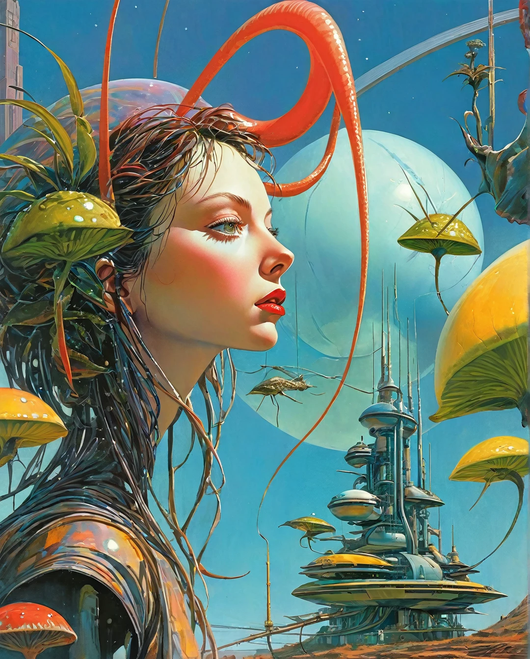 Cover of a science fiction magazine , Ricardo Bofill, retrofuturism, Margarita Keane, 1980's Sci-Fi parody movie still portraiture photography.  very detailed digital painting, Conceptual art, seeds, sharp focus, illustration, in the style of simon stalenhag, Wayne Barlowe, y igor kieryluk., (Art inspired by Dave Mckean, intricate details, oil painting)