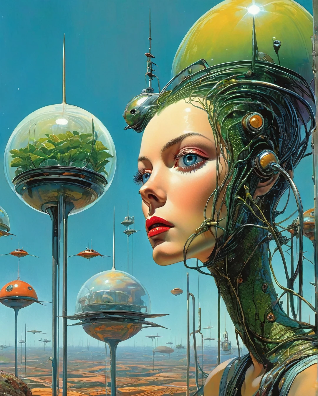 Cover of a science fiction magazine , Ricardo Bofill, retrofuturism, Margarita Keane, 1980's Sci-Fi parody movie still portraiture photography.  very detailed digital painting, Conceptual art, seeds, sharp focus, illustration, in the style of simon stalenhag, Wayne Barlowe, y igor kieryluk., (Art inspired by Dave Mckean, intricate details, oil painting)