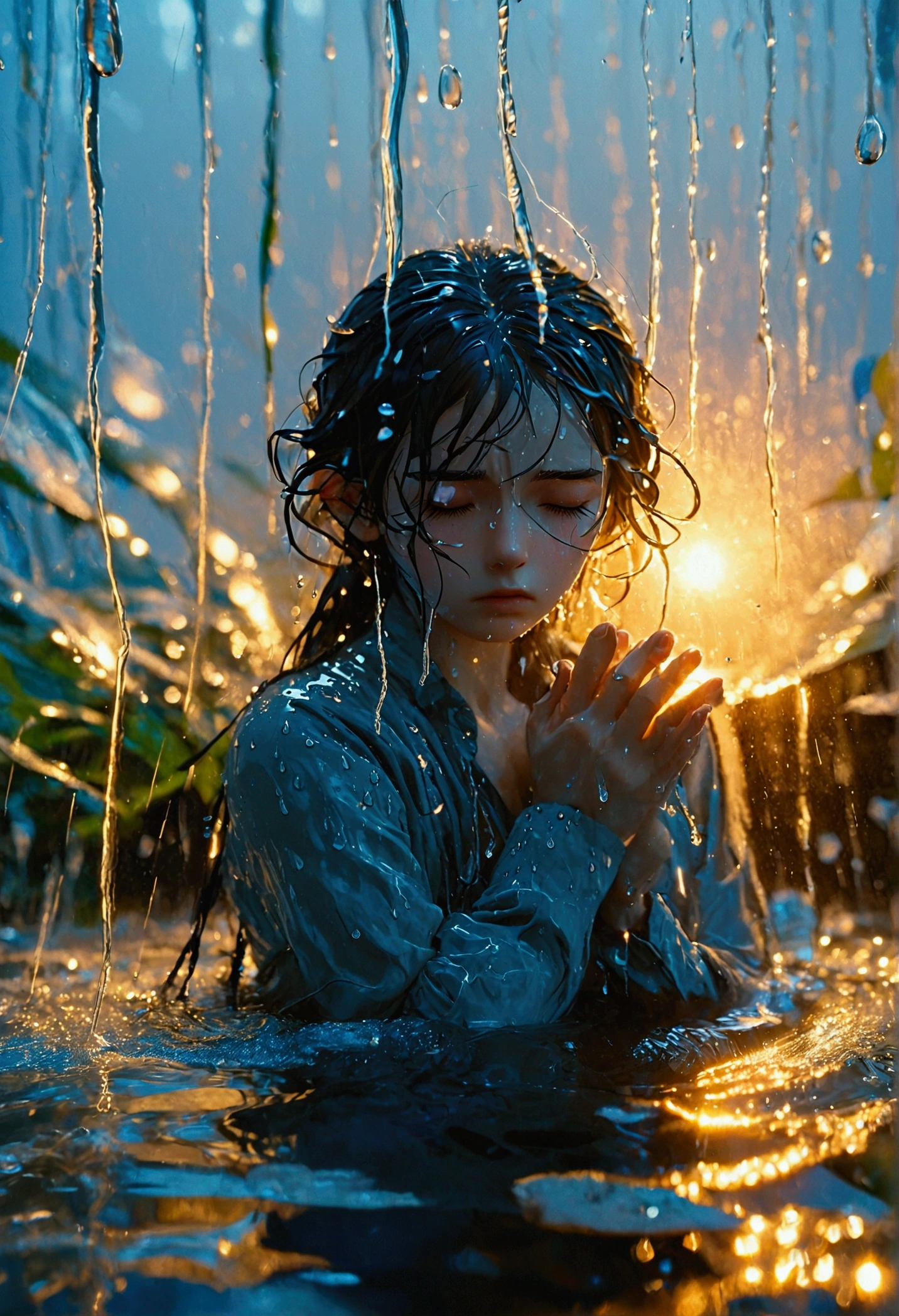 An image of a person showing despair with large water droplets splashing dramatically in the background. The individual is depicted in a posture of sadness, their head bowed slightly and their eyes brimming with tears. The backdrop is a tableau of elemental energy, with water droplets caught in mid-air, glinting, and creating an atmospheric setting.