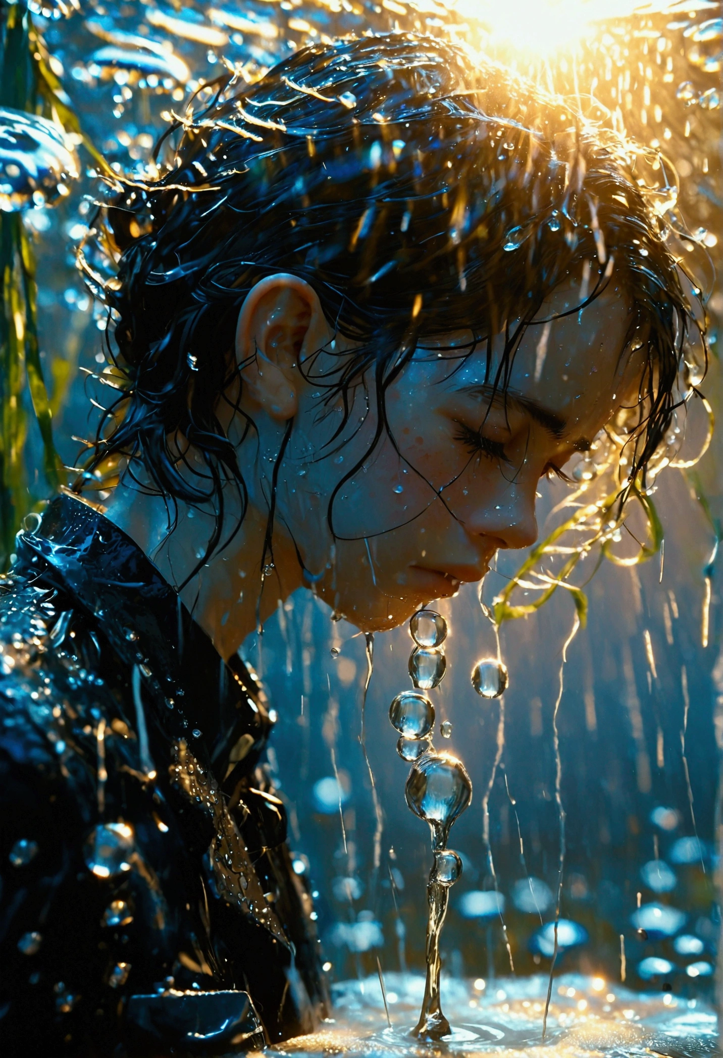 An image of a person showing despair with large water droplets splashing dramatically in the background. The individual is depicted in a posture of sadness, their head bowed slightly and their eyes brimming with tears. The backdrop is a tableau of elemental energy, with water droplets caught in mid-air, glinting, and creating an atmospheric setting.