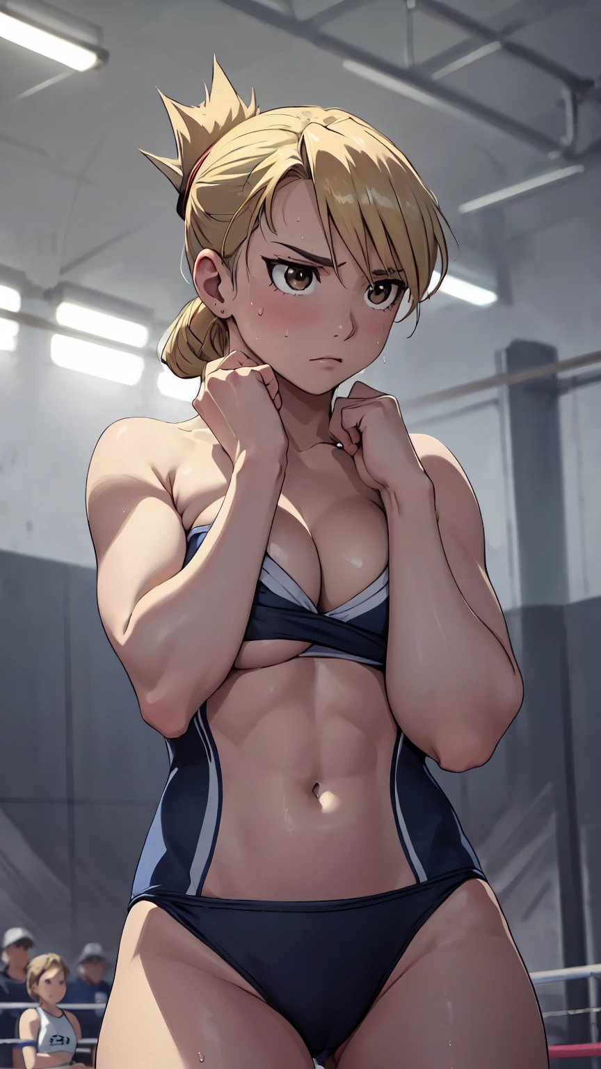 masterpiece, Highest quality, High resolution, One Girl, Hamriz, ponytail, Brown eyes,big ,Competitive swimming suits、Cowboy Shot、Muscular body、blush、Sweat、Composition from the front、アニメ、(((Competitive swimming suits、Stand in front、audience、Shaking breasts、 fully exposed、Facing forward)))、((Wrestling Arena)), (Female wrestler), (Slender body, Sweat, tired), Mature Woman, Mature Woman, (Competitive swimming suits、Very detailed wrestling equipment) 