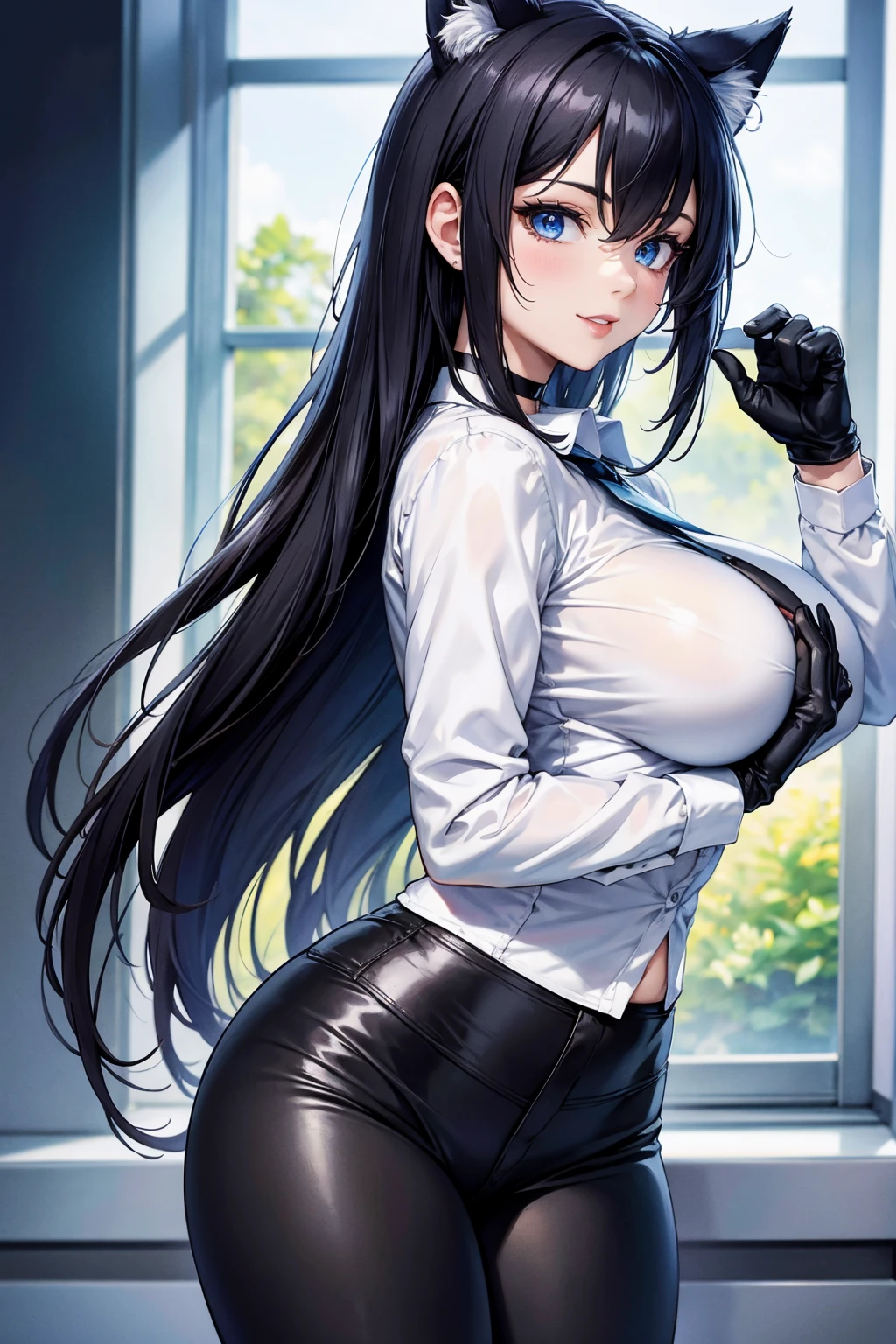 masterpiece, Superior image quality, High resolution, 4k image,photo and gross, photorealistic, whole body, 1 girl, walking, big breasts, {{{vagina}}}, beautiful face, long black hair, blue eyes, very detailed eyes, cat ears, seductive expression, smile, choker:1.6, (white long sleeve button down collar shirt), black gloves, gloves that cover hands, (shiny black leggings), Sensual Lips, show details in the eyes, front view, looking at the viewer, Mansion, at daytime, illuminated