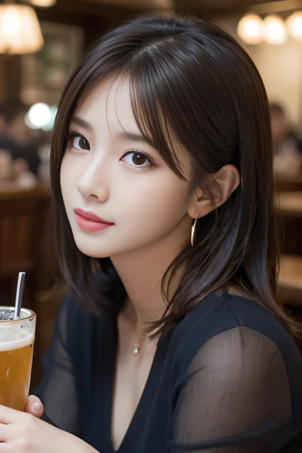 masterpiece, Highest quality, Realistic, Very detailed, Finer details, High resolution, 8k wallpaper, One beautiful woman, Wear a navy blue see-through blouse, In a great pub, At night, Light brown messy hair, Perfect dynamic composition, Beautiful and beautiful eyes、Big earrings、Sitting in a chair、