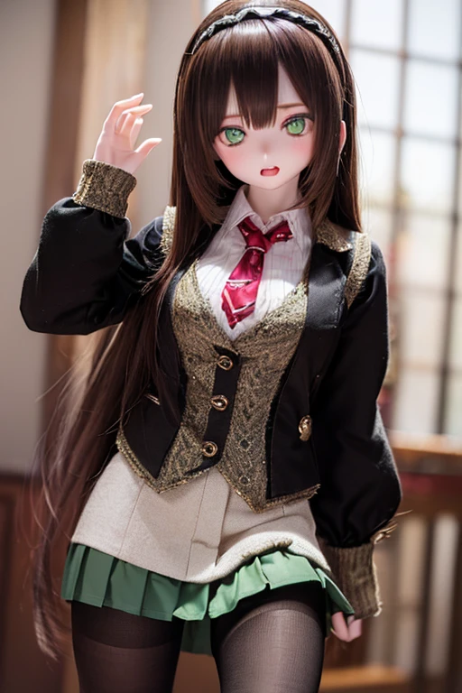 (SFW:2), photorealistic, realistic photo, 8k, ((highest quality)), ((masterpiece)), (extremely detailed), kukolnydom, doll, (mature woman, 21yo, 21 years old, solo:1.6), ((cowboy shot, contrapposto, slim, slender, skinny, medium breasts, hairband, ascot, vest, blouse, long puff sleeves, pleated skirt, black pantyhose)), (green eyes, brown hair, long hair, plastic skin, looking at another, glass eyes, gradient eyes, shining eyes, detailed eyes:1.3)