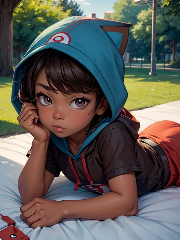 pokekid, pokekid, brown hood, hood, 1girl, best quality, outdoor, high definition, cute, lying on the cute bed,