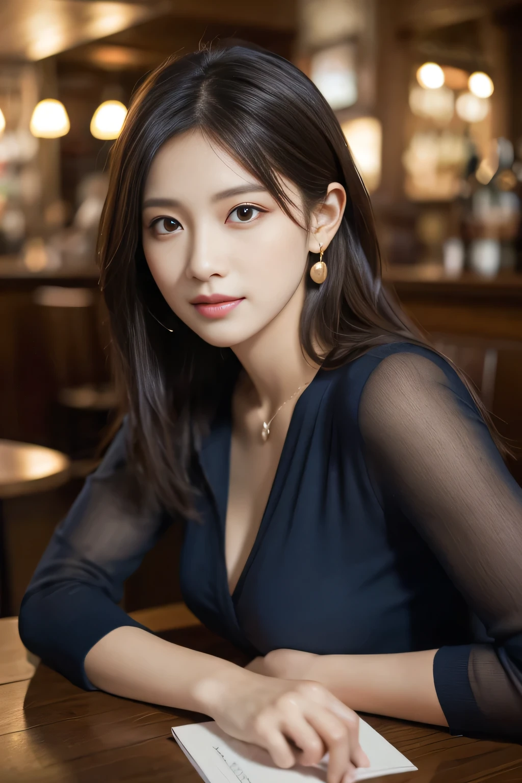 masterpiece, Highest quality, Realistic, Very detailed, Finer details, High resolution, 8k wallpaper, One beautiful woman, Wear a navy blue see-through blouse, In a great pub, At night, Light brown messy hair, Perfect dynamic composition, Beautiful and beautiful eyes、Big earrings、Sitting in a chair、